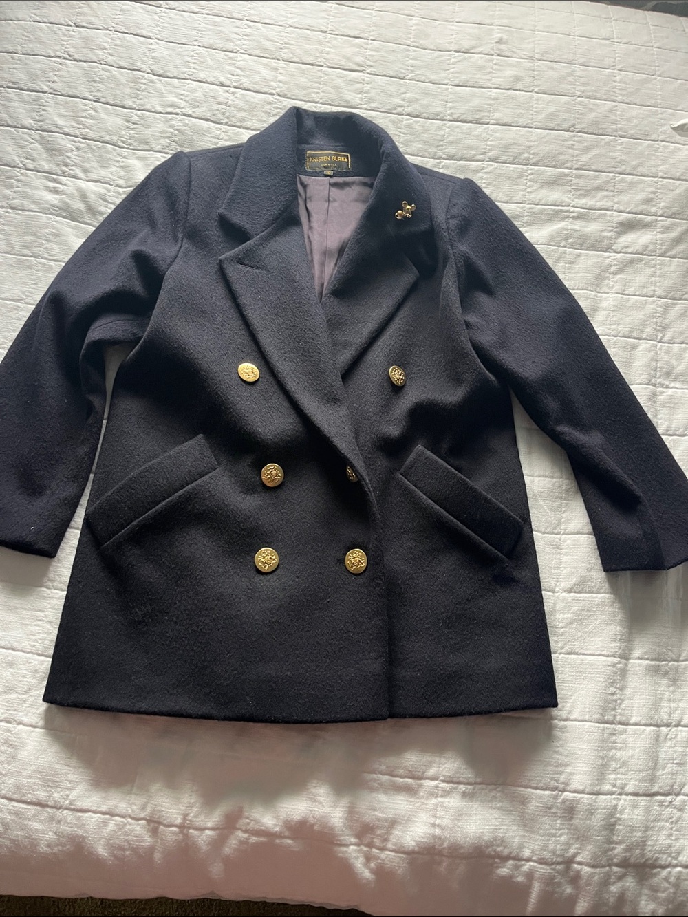 Kristen Blake Navy Wool Double-Breasted Pea Coat with Gold Buttons